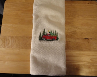 Little Red Truck on White Embroidered Hand Towel - Face Towel - In Stock - Ready To Ship