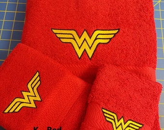 Wonder Woman  - Embroidered Towels - Pick Your Size of Set and Color of Towels - Free Shipping