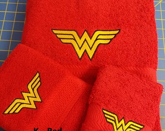 Wonder Woman  - Embroidered Towels - Pick Your Size of Set and Color of Towels - Free Shipping