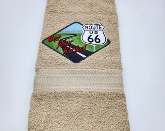 Ready To Ship - Route 66 on Sandstone - Embroidered Hand Towel - Face Towel - Free Shipping