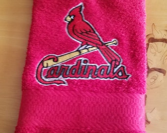 In Stock - Ready To Ship - St Louis Cardinal on Red - Embroidered Hand Towel - Free Shipping