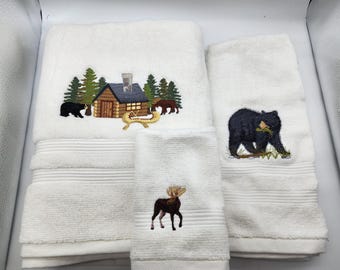 Cabin In The Woods on White - Embroidered 3 Piece Bath Set - Bath Towel, Hand Towel & Washcloth - In Stock - Ready To Ship