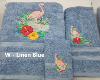 Watercolor Pink Flamingo Embroidered Towels Pick Your Size of Set & Towel Color - Bath Sheet, Bath Towel, Hand Towel, Washcloth - Free Ship