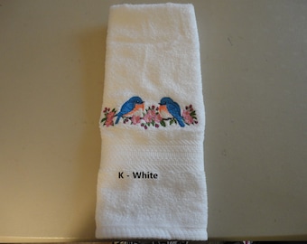 Blue Bird - Embroidered Hand Towels - Face Towel - Order One or More - Choice of Towel Color - Free Shipping