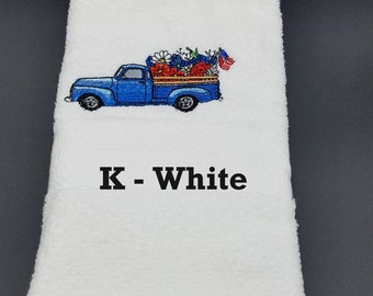 Summer Truck with Flag  - Embroidered Hand Towel - Pick Color of Towel - Order One 0r More -  Free Shipping