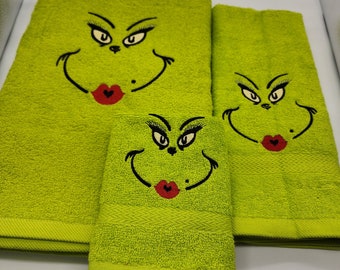 Mrs Grinch Face on Lime Green - 3 Piece Embroidered Towel Set - Bath Sheet, Hand Towel and Washcloth - Ready To Ship