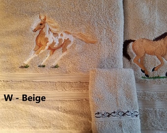 Brown Horse Embroidered Towels - Choose Towel Color & Set Size - Bath Sheet, Bath Towel, Hand Towel and Washcloth