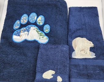 Polar Bear on Navy Blue - 3 Piece Embroidered Towel Set - Bath Sheet, Hand Towel and Washcloth