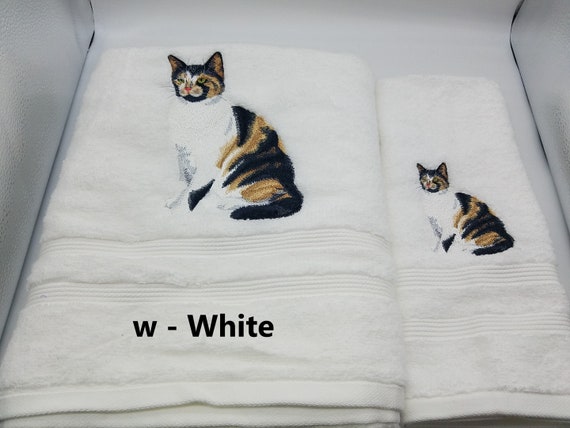 Tabby Cat Calico Cat Embroidered Towels Choose Your Set and Towel Color Bath Sheet Bath Towel Hand Towel and Washcloth Free Ship Etsy