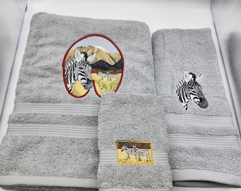 Zebra on Silver Gray - 3 Piece Embroidered Towel Set - Bath Towel, Hand Towel and Washcloth - In Stock - Ready To Ship