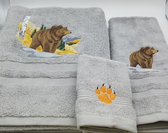 Grizzly Bear - Embroidered Bath Towel Set - Bath Towel, Hand Towel and Washcloth - FREE SHIPPING - Order Set or Individually