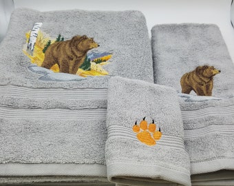 Grizzly Bear - Embroidered Bath Towel Set - Bath Towel, Hand Towel and Washcloth - Order Set or Individually