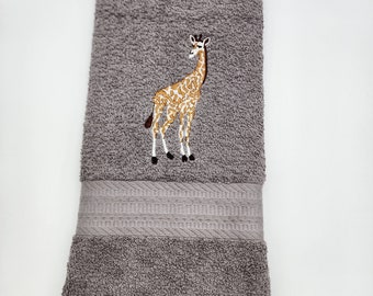 Giraffe on Gray Embroidered Hand Towel - Free Shipping - Ready to Ship