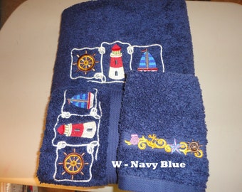 Nautical - Lighthouse - Embroidered Towel Set- Pick Set Size  - Choose Towel Color - Bath Sheet, Bath Towel, Hand Towel & Washcloth