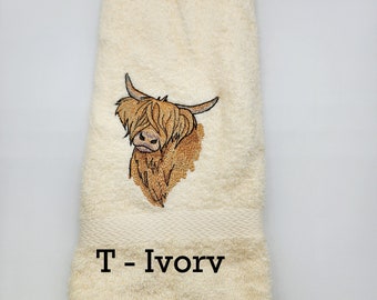 Highland Cow- Farm Animal - Embroidered Hand Towel - Face Towel - Decorated Towel - Choose Your Towel Color- Buy One or More