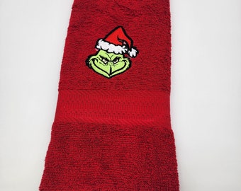 In Stock - Ready To Ship - Grinch Face on Red - Embroidered Hand Towel - Free Shipping