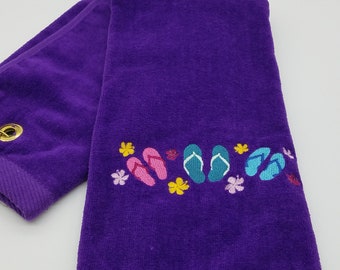 In Stock - Ready To Ship - Flip Flops on Purple - Embroidered Golf Towel - Free Shipping