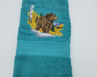 In Stock - Ready To Ship - Grizzly Bear with Fall Scene on Teal - Embroidered Hand Towel - Free Shipping