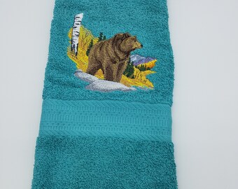 Grizzly Bear with Fall Scene on Teal - Embroidered Hand Towel - Ready To Ship