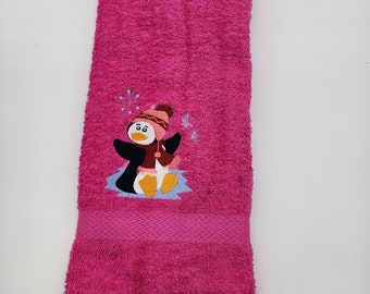 Penguin on Hot Pink Embroidered Hand Towel - Face Towel - Free Shipping - Ready To Ship