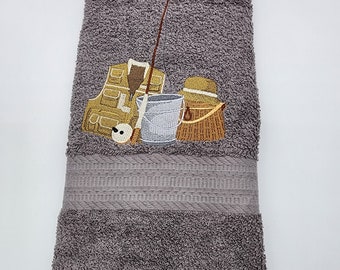 Fishing Equipment on Gray - Embroidered Hand Towel - Free Shipping - Ready To Ship