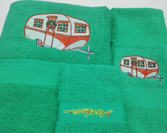Christmas Trailer on Green - 3 Piece Embroidered Towel Set - Bath Towel, Hand Towel and Washcloth - In Stock - Ready To Ship