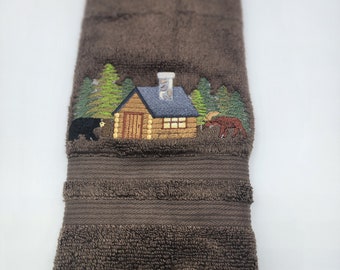 Cabin in The Woods on Brown Embroidered Hand Towel - Free Shipping - Ready To Ship