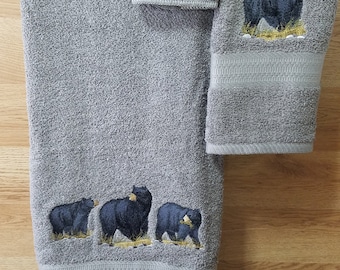 Black Bear Trio - Embroidered Bath Towel Set - Bath Towel, Hand Towel and Washcloth  - Order Set or Individually
