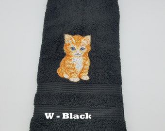 Kitten - Embroidered Hand Towels - Choose Towel Color - Order One or More - Bathroom Decor - Face Towel - Decorated Towel