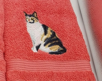 Tabby Cat - Embroidered Hand Towel - Choice of Towel Color - Order One or More - Face Towel