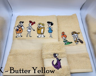 Flintstones -Embroidered Towels- Order Set or Individually - Pick Color of Towel - Bath Sheet, Bath Towel, Hand Towel and Washcloth