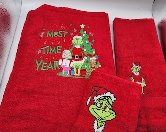 Most Wonderful Time of the Year Grinch on Red - Bath Sheet, Hand Towel and Washcloth - Ready To Ship