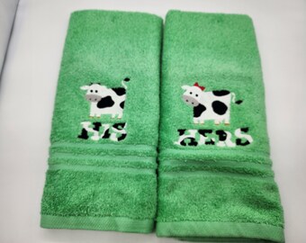 His & Hers Cows on Mint Green - Embroidered Hand Towels - In Stock - Ready To Ship