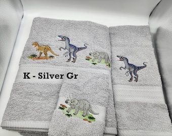 Dinosaurs Raptor -  Raptor - T-Rex - Triceratops - Embroidered Towels - Pick Your Size of Set & Towel Color - Free Shipping