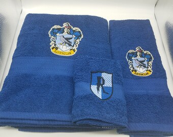 Harry Potter - Ravenclaw on Navy Blue  - 3 Piece Embroidered Towel Set - Bath Towel, Hand Towel and Washcloth - Ready To Ship