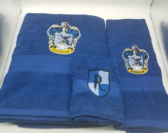 Ready To Ship - Harry Potter - Ravenclaw on Navy Blue  - 3 Piece Embroidered Towel Set - Bath Towel, Hand Towel and Washcloth