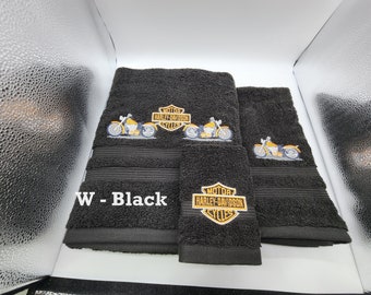 Motorcycle Harley  - Embroidered Towels - Pick Your Size of Set and Color of Towels - Free Shipping