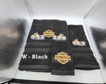 Motorcycle Harley  - Embroidered Towels - Pick Your Size of Set and Color of Towels - Free Shipping