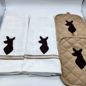 4 Stück handgestickte Küchentücher Set - Hirsch Rehlein - als Set oder einzeln bestellen
