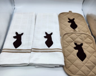 4 Piece Embroidered Kitchen Towel Set - Deer Doe- Order as sets or individually