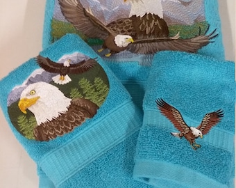 Eagles - Embroidered Towels - Order Bath Set or Individually - Pick Color of Towel - Bath Sheet, Bath Towel, Hand Towel and Washcloth