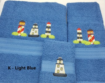 Lighthouses - Embroidered Towels - Bath Towel, Hand Towel and Washcloth - Order Set or Individually - FREE SHIPPING