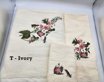 Hummingbirds - Embroidered Towels - Order Individually or Sets - Pick Your Color of Towel - Bath Sheet or Bath Towel, Hand Towel & Washcloth