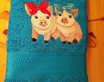 Pig Duo with Bandanas on Turquoise Embroidered Hand Towel - Ready to Ship