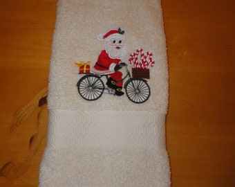 Santa on Bike - Embroidered Hand Towel - Get One or More