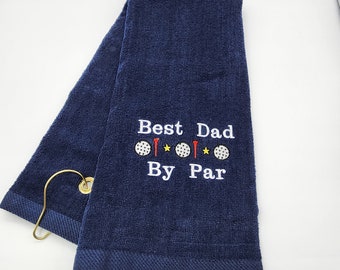 Ready To Ship - Best Dad By Par on Navy Embroidered Golf Towel - Tri-Fold, Grommet, Hook - Free Shipping