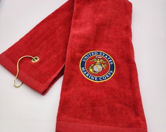 In Stock - Ready To Ship - Military - Marine on Red - Embroidered Golf Towel - Tri-Fold - Grommet - Hook - Free Shipping