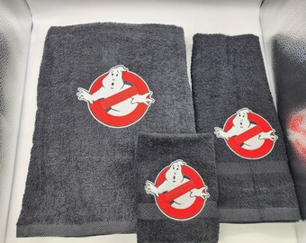 Ghost Buster -Embroidered Towels- Order Set or Individually - Pick Color of Towel - Bath Sheet, Bath Towel, Hand Towel and Washcloth