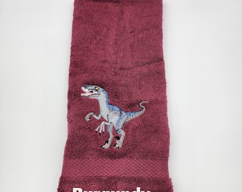 Dinosaur - Raptor  - Embroidered Hand Towel - Face Towel - Prehistoric - One One or More - Choice of Towel Color-  Free Shipping