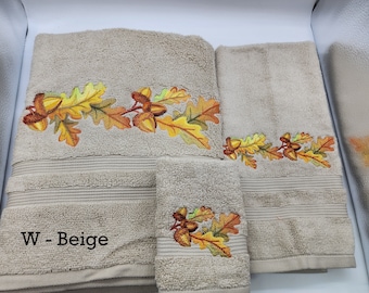 Fall Leaves & Acorn - Embroidered Towels - Order Individually or Set - Pick Towel Color - Bath Sheet, Bath Towel, Hand Towel and Washcloth